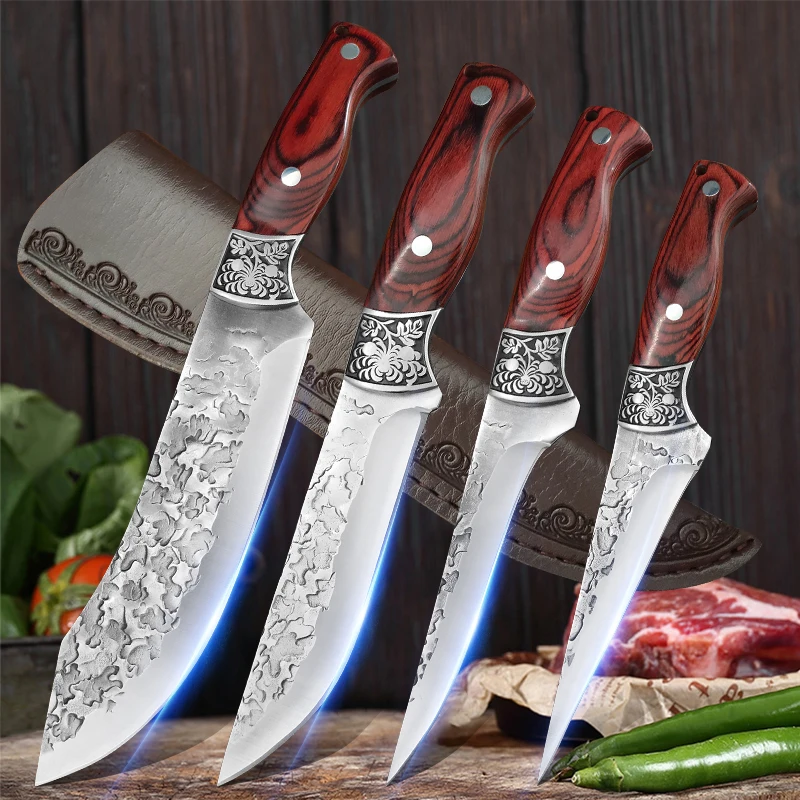 lot de Couteau à Désosser Forgé à la Main avec Manche en Bois et Étui de Protection